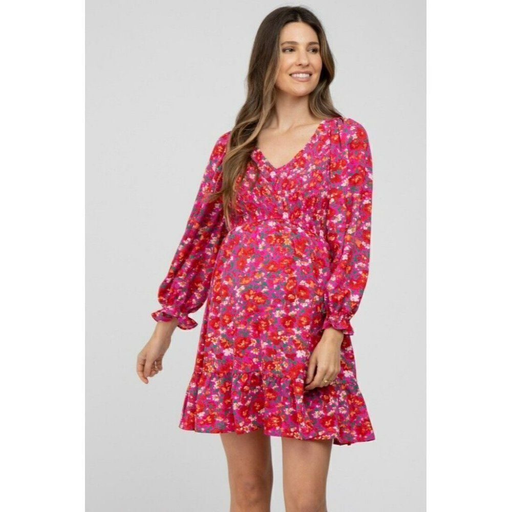 JODIFL Fuchsia Floral Pink Smocked Front Ruffle Trim Dress Fall New S-L G5392-2 - Picture 5 of 8